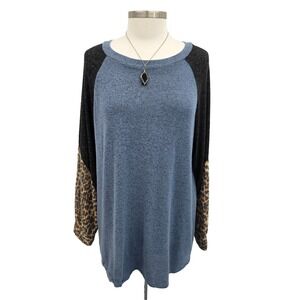 Grateful Hearts S Colorblock Raglan Top Blue Black Leopard Sleeve Casual Boho